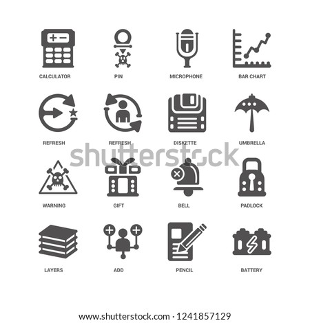 Battery, Umbrella, Diskette, Layers, Padlock, Calculator, Refresh, Warning, Pencil, Add, Microphone icon 16 set EPS 10 vector format. Icons optimized for both large and small resolutions.