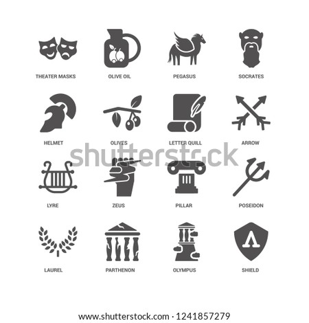 Shield, Olives, Theater Masks, Olive oil, Poseidon, Pillar, Zeus, Olympus icon 16 set EPS 10 vector format. Icons optimized for both large and small resolutions.