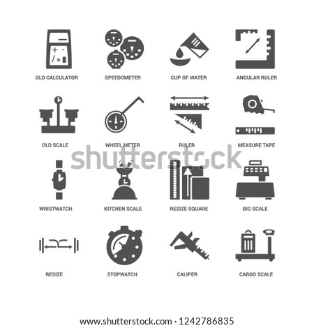 Cargo Scale, Wheel Meter, Old Calculator, Speedometer, Big Resize Square, Kitchen Caliper icon 16 set EPS 10 vector format. Icons optimized for both large and small resolutions.