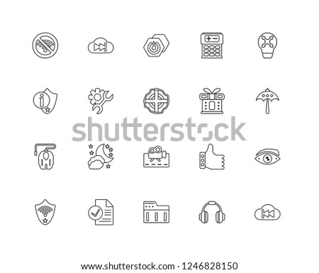 Set Of 20 linear settings icons such as Rewind, Headphones, Folder, Check, Shield, Maximize, Gift, Movie, Mouse, Settings, Power button, editable stroke vector icon pack