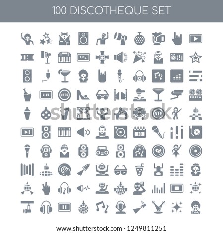 100 discotheque universal icons pack with Play button, Sparkle, Dance floor, Spotlight, DJ, Music note, Mirror ball, Pause, Headphones, Spotlight