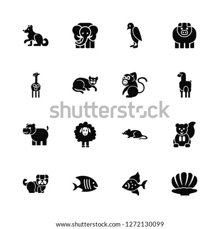 Vector Illustration Of 16 Icons. Editable Pack Siberian husky, Fish, Bulldog, Squirrel, Seashell, Giraffe, Hippopotamus, Monkey