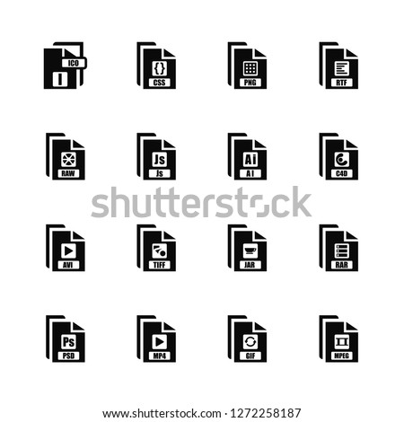 Vector Illustration Of 16 Icons. Editable Pack Ico, Gif, Mp4, Psd, Rar, Mpeg, Raw, Avi, AI