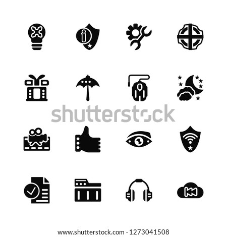 Vector Illustration Of 16 Icons. Editable Pack Maximize, Headphones, Folder, Check, Shield, Rewind, Gift, Movie, Mouse