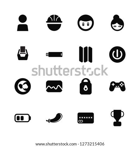 Vector Illustration Of 16 Icons. Editable Pack User, Cit Card, Vegetable, Half Battery, Gamepad, Award, Tray, Moon, Map