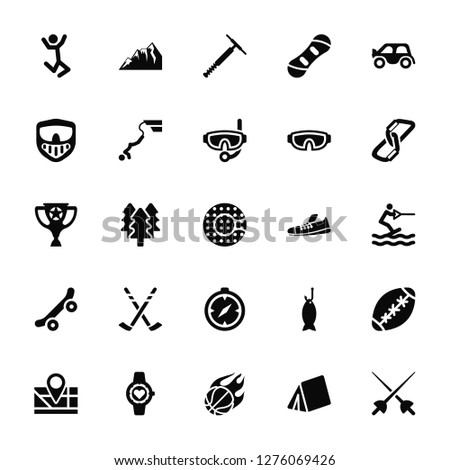 Vector Illustration Of 25 Icons. Editable Pack Jumping, Camping, Basketball, Watches, Map, Climbing, Shoes, Compass, Skateboarding, Paintball, Pogo stick, Mountain