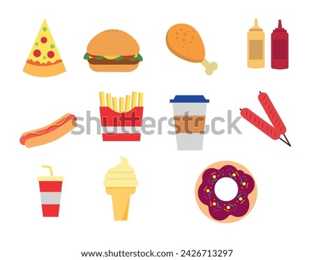 Fast food icon set. Hand drawing vector illustration. Pizza hamburger ketchup sausage french fries