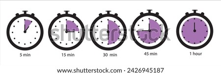 Time terms icon set. Hour 15 min half hour 30 min 45 min vector illustration