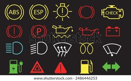 Veichle dashboard lights, car fault lights, veichle dashboard light icon set vector