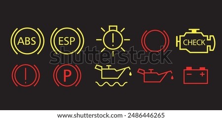 Veichle dashboard lights, car fault lights, veichle dashboard light icon set vector