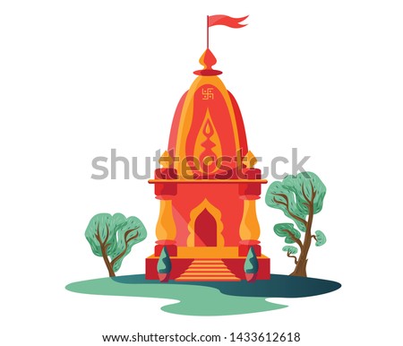 hindu temple with flag and trees isolated