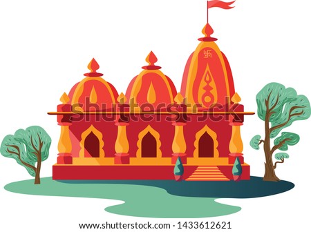 Hindu spiritual temple with flag and trees isolated