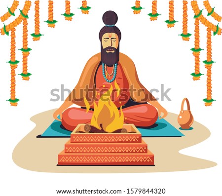 sadhu doing havan in front of fire vector illustration