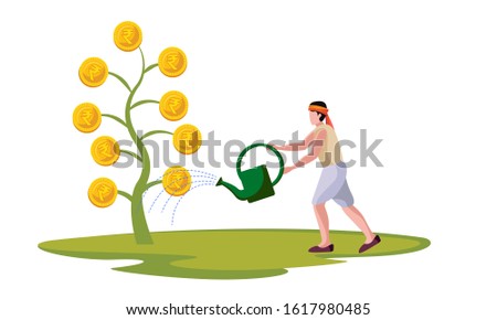 indian farmer watering to cash crop, economy vector illustration