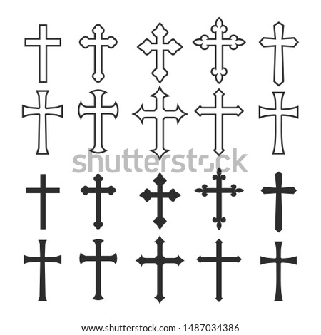 Big set christian cross vector symbol flat and outline style.  isolated on white background. 