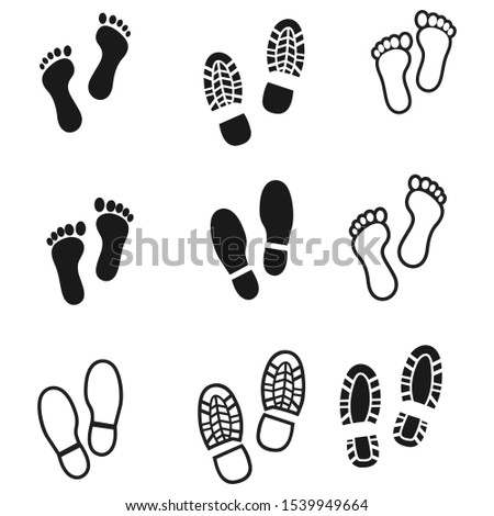Shoe and bare foot print icon vector set. isolated on white background.