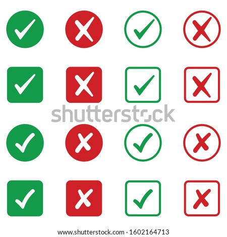 Set of simple web buttons, green check mark and red cross. vector icon Illustration