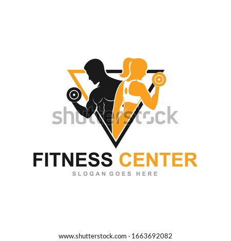 Fitness Gym logo design template with exercising athletic man and woman isolated on white, vector illustration