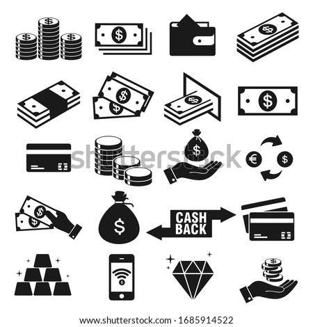 Money and payment icons set, isolated on white background, vector Illustration 