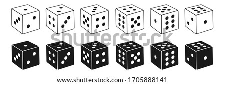 collection of isometric dice icons in thin line style and silhouette, vector Illustration