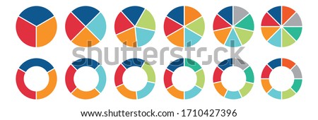 Circle icons for infographic. Colorful diagram collection with  ,3,4,5,6,7,8 sections and steps. Pie chart for data analysis, business presentation, UI, web design. Vector illustration. 