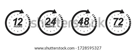12, 24, 48 and 72 hours clock sign icon. service opening hours, work time or delivery service time symbol, vector illustration isolated on white  background. 
