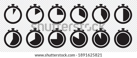 stopwatch icon set, Timer, clock, stopwatch symbol. 5 minute to 1 hours isolated on transparent background . Label measure time, cooking time and more, Vector illustration.