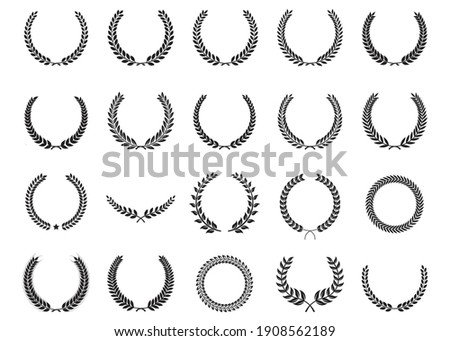 Collection of different black and white silhouette circular laurel foliate and oak, wreaths depicting an award, heraldry, achievement, victory, crown, winner, ornate, Vector icon illustration.