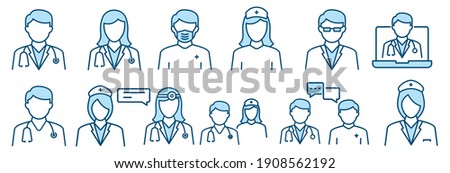 Doctor and Nurse icon set in line style. medical personnel on white background, vector illustration	