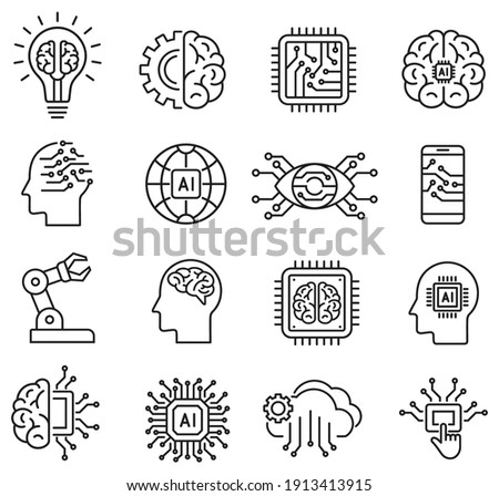 artificial intelligence icon set in line style, machine learning, smart robotic and cloud computing network digital AI technology: internet, solving, algorithm, vector illustration Сток-фото © 