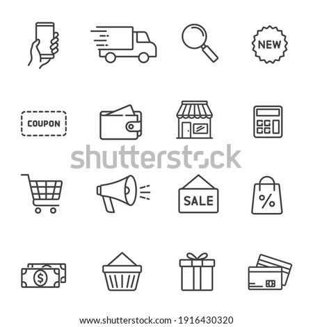 Set of shopping icons in line style. Сollection of web icons for online store, such as discounts, delivery, magnifying glass, payment, app store, coupon, shopping cart. Editable vector illustration