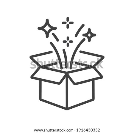 Gift box open icon in line style, Magic box and magic stars, Surprise symbol. vector illustration