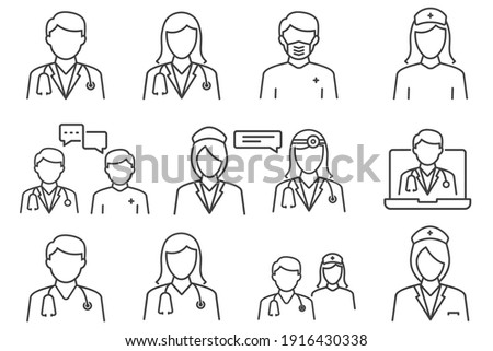 Doctor and Nurse icon set in line style. medical personnel on white background, vector illustration	