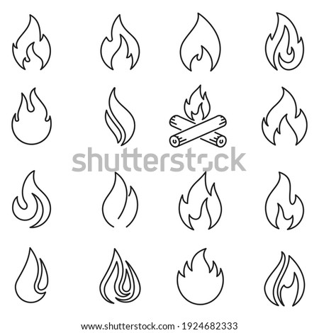 fire icons set in line style, flames, flame of various shapes,bonfire vector illustration