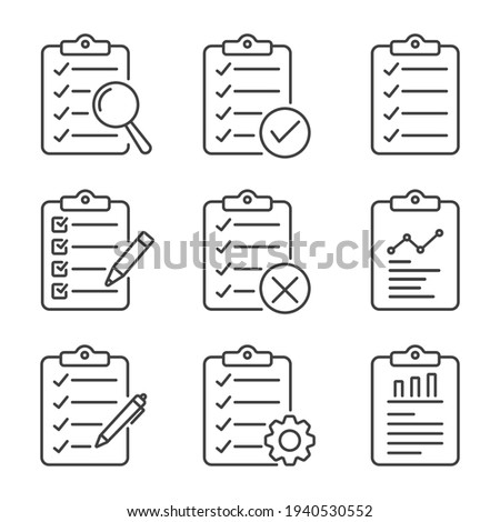 Clipboard Line Icons Collection, Task done, Project completed, Project reject, Clipboard data analysis, Clipboard with gear,  Survey. Extra options, Application form and more, vector illustration