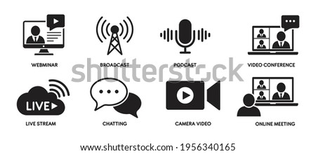 Vector live streaming icons. Set is editable stroke. Stream broadcast online meeting zoom. Podcast headphones camera internet conference chat recording a webinar.