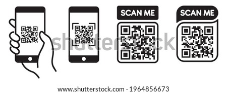 QR code scan icon with smartphone, scan me barcode sign, Vector illustration Foto d'archivio © 