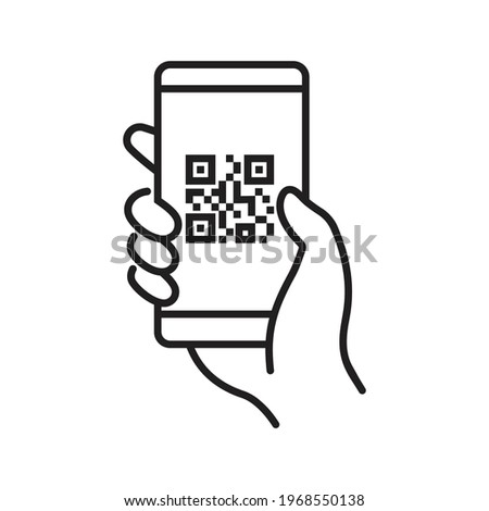 QR code scanning icon in smartphone. hand holding Mobile phone in line style, barcode scanner for pay,  web, mobile app, promo. Vector illustration. Foto d'archivio © 