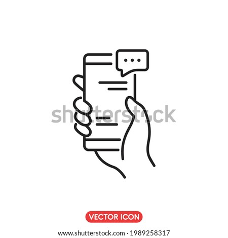 hand holding his phone icon, hand texting to someone on a message app, typing with a speech bubble, Editable stroke, vector illustration