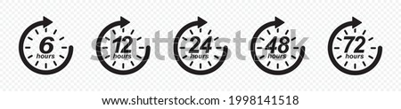 6, 12, 24, 48, 72 hours clock arrow. symbol work time, delivery and service time, isolated on white , vector icon Illustration