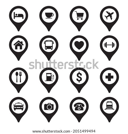 Set of map pin icon, restaurants, hospitals, supermarkets, telephones, stars, terminals, hotels, stations, bicycles, heart, camera house, airplane, .vector illustration