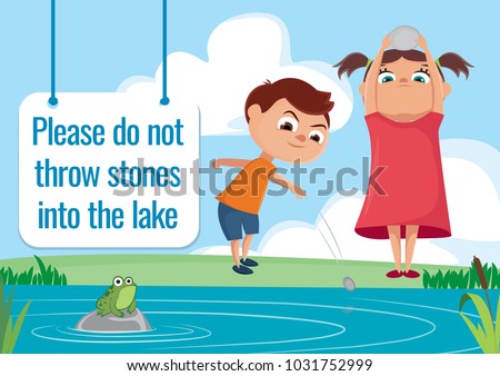 Well behaviour sign, children throwing stones into the lake
