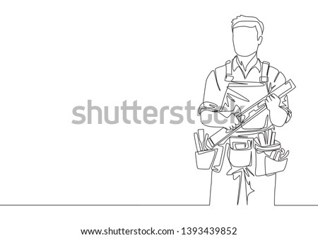 Single continuous line drawing of young handyman wearing building construction uniform while holding spirit level. Craftsman home repair service concept. One line draw design illustration