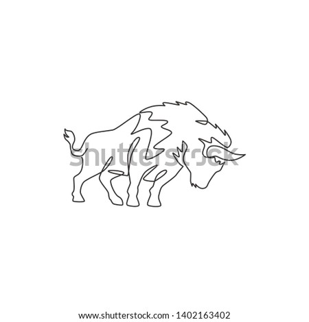 One single line drawing of healthy organic american bison for livestock cattle logo identity. Big buffalo mascot concept for canned meat food. Modern one line draw design vector graphic illustration