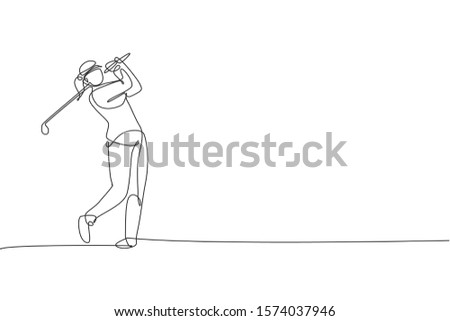 Single continuous line drawing of young happy golf player swing the golf club to hit the ball. Hobby sport concept. Trendy one line draw design vector illustration for golf tournament promotion media