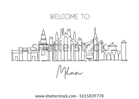 Single continuous line drawing of Milan city skyline, Italy. Famous city skyscraper landscape in world. World travel wall decor poster print concept. Modern one line draw design vector illustration