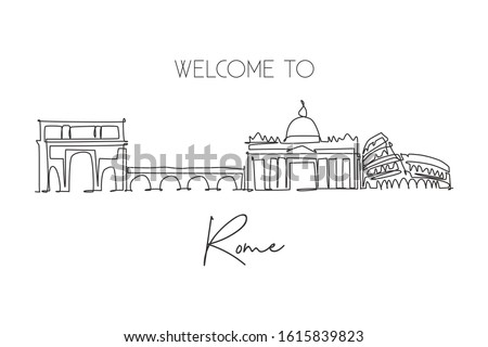 One single line drawing of Rome city skyline, Italy. Historical Roma skyscraper and landscape in the world. Best holiday destination. Editable trendy continuous line draw design vector illustration