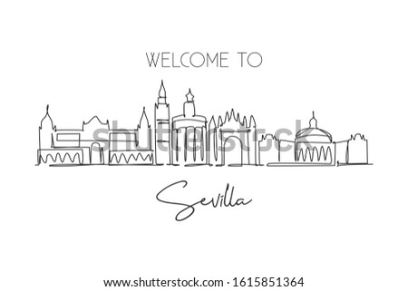 One continuous line drawing of Sevilla city skyline, Spain. Beautiful skyscraper. World landscape tourism travel vacation wall decor poster concept. Stylish single line draw design vector illustration