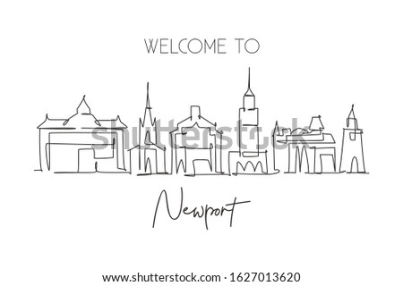 One single line drawing of Newport city skyline, Wales. Historical town landscape. Best holiday destination home wall decor poster print art. Trendy continuous line draw design vector illustration