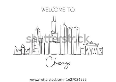 Single continuous line drawing of Chicago city skyline, USA. Famous city scraper and landscape. World travel concept home wall decor poster print art. Modern one line draw design vector illustration